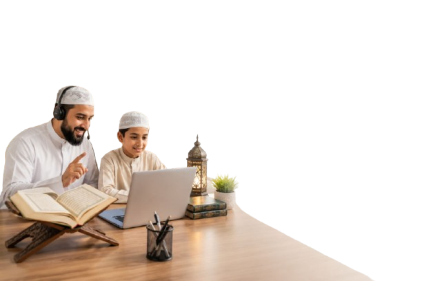 Qualified Muslim Quran teacher conducting a live online Quran class with a young student using a laptop and the Holy Quran.