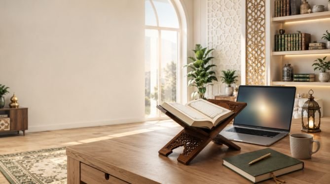 Modern Islamic study space featuring an open Holy Quran on a wooden rehal beside a laptop, representing premium online Quran learning in a peaceful and professional environment.